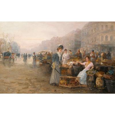 FIGURES ON A FLOWER MARKET; A BUSY MARKET (A PAIR)